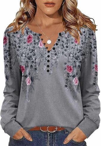Zeagoo Fall Tops for Women Long Sleeve Button Up Shirts Floral Tunics V Neck Pullover Blouse in Kuwait