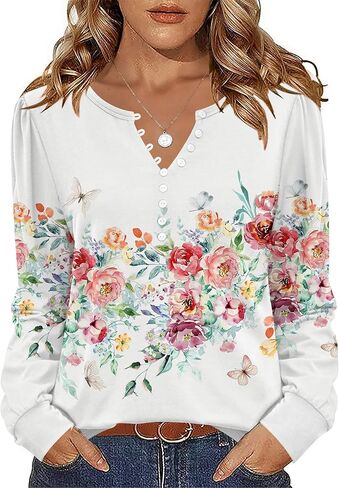 Zeagoo Fall Tops for Women Long Sleeve Button Up Shirts Floral Tunics V Neck Pullover Blouse in Kuwait