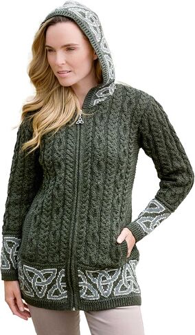Aran Crafts Irish Women's Celtic Jacquard Hooded Coat (100% Merino Wool) in Saudi Arabia