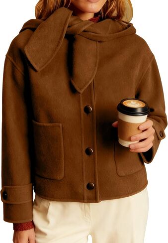 Women's Short Wool Blend Hooded Coat Cropped Hooded Bow Collar Jacket Single Breasted Casual Outerwear with Pockets in Saudi Arabia