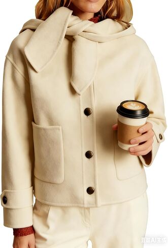 Women's Short Wool Blend Hooded Coat Cropped Hooded Bow Collar Jacket Single Breasted Casual Outerwear with Pockets in Saudi Arabia