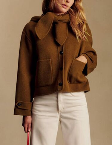 Women's Short Wool Blend Hooded Coat Cropped Hooded Bow Collar Jacket Single Breasted Casual Outerwear with Pockets in Saudi Arabia