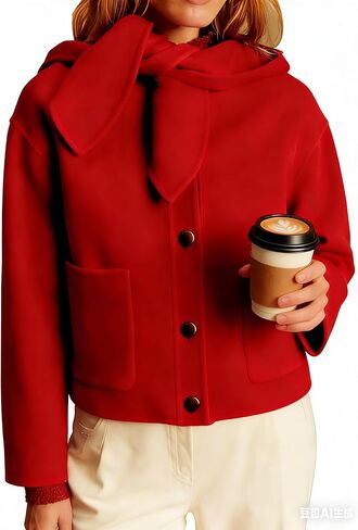 Women's Short Wool Blend Hooded Coat Cropped Hooded Bow Collar Jacket Single Breasted Casual Outerwear with Pockets in Saudi Arabia