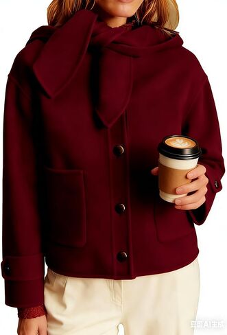 Women's Short Wool Blend Hooded Coat Cropped Hooded Bow Collar Jacket Single Breasted Casual Outerwear with Pockets in Saudi Arabia