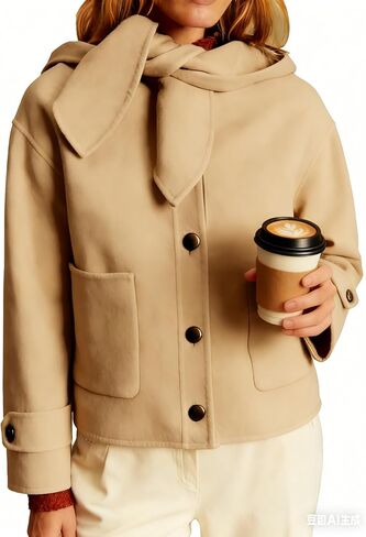 Women's Short Wool Blend Hooded Coat Cropped Hooded Bow Collar Jacket Single Breasted Casual Outerwear with Pockets in Saudi Arabia