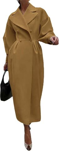Womens peacoat Double Breasted Lapel Wool Pea Coats Ankle Length Solid Color Overcoat Lantern Sleeve Long Trench Coat in Saudi Arabia