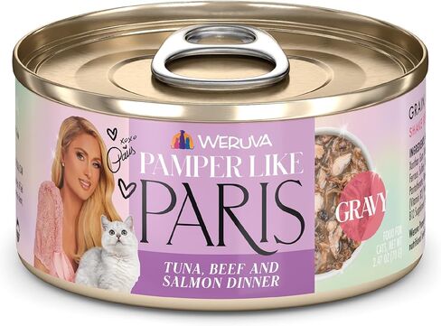 Weruva Paris Hilton Pamper Like Paris طعام القطط الرطب الخالي من الحبوب الطبيعية والتونة ولحم البقر وسمك السلمون في المرق، 2.47 أونصة (عبوة من 12 قطعة) in Saudi Arabia