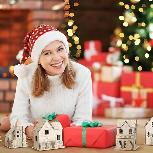 Thyle 6 مجموعة عيد الميلاد منزل خشبي عدة للحرف اليدوية DIY قرية عيد الميلاد غير مكتملة بيت خبز الزنجبيل الخشبي اصنع منازل ثلاثية الأبعاد الخاصة بك هدية عيد الميلاد نشاط الحرف اليدوية مشروع الديكور الفني الإبداعي DIY in Kuwait