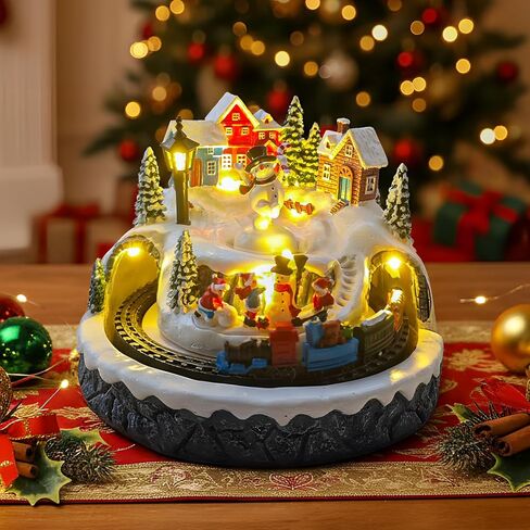 Christmas Village Decoration with Spinning Train & Snowman, Musical Collectible Buildings, 8 Songs, LED Lights, Timer Function, and Dual Power Options (USB or Battery) - Perfect Holiday Decor & Gift in Kuwait