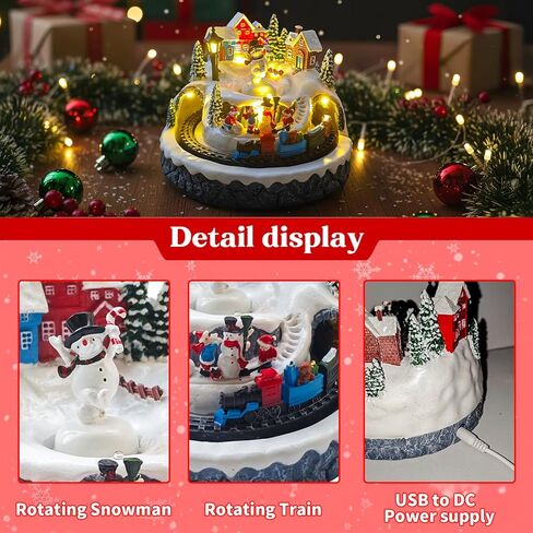 Christmas Village Decoration with Spinning Train & Snowman, Musical Collectible Buildings, 8 Songs, LED Lights, Timer Function, and Dual Power Options (USB or Battery) - Perfect Holiday Decor & Gift in Saudi Arabia