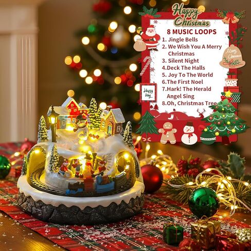 Christmas Village Decoration with Spinning Train & Snowman, Musical Collectible Buildings, 8 Songs, LED Lights, Timer Function, and Dual Power Options (USB or Battery) - Perfect Holiday Decor & Gift in Saudi Arabia