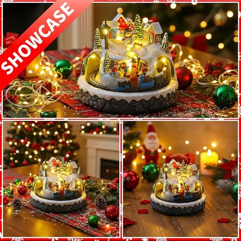 Christmas Village Decoration with Spinning Train & Snowman, Musical Collectible Buildings, 8 Songs, LED Lights, Timer Function, and Dual Power Options (USB or Battery) - Perfect Holiday Decor & Gift in Saudi Arabia