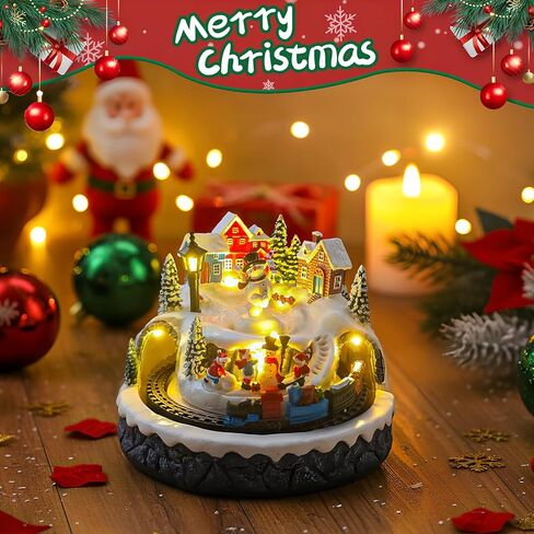 Christmas Village Decoration with Spinning Train & Snowman, Musical Collectible Buildings, 8 Songs, LED Lights, Timer Function, and Dual Power Options (USB or Battery) - Perfect Holiday Decor & Gift in Saudi Arabia