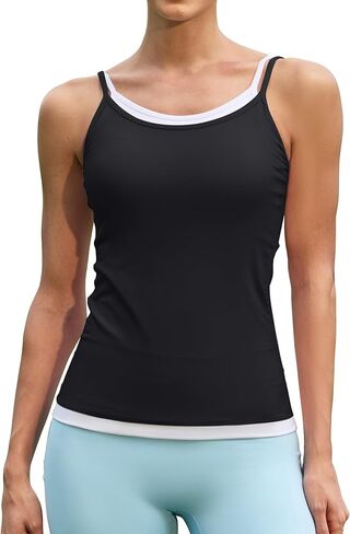 ATTRACO Women Double Spaghetti Strap Workout Tank Tops Ruched Athletic Tank Top with Bulit in Bra Color Block Camisoles in Saudi Arabia