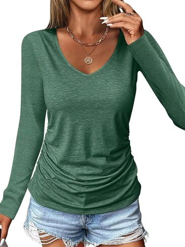 Women's V Neck Long Sleeve Basic Shirt Elastic Loose Fit Top Ribbed Soft Casual Versatile Fashion Spring Fall in Saudi Arabia