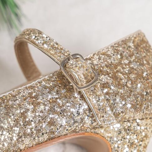 Glitter Mary Jane Shoes for Girls, Sparkly Gold Dress Flats with Strap, Party Wedding Princess Shoes for Kids in Saudi Arabia