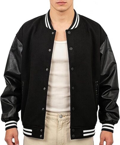 Men's Varsity Jacket Bomber Letterman Jacket Leather Sleeve Vintage Style Lightweight Outerwear in Saudi Arabia