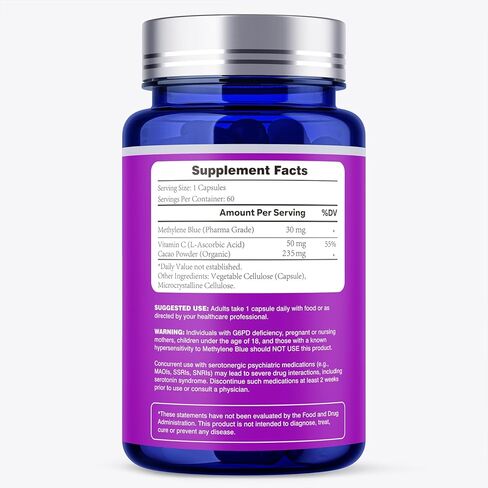 Methylene Blue Capsules 30mg, USP Pharma Grade Methylene Blue Supplement with Vitamin C & Organic Cacao, High Absorption Support - 60 Capsules in Saudi Arabia