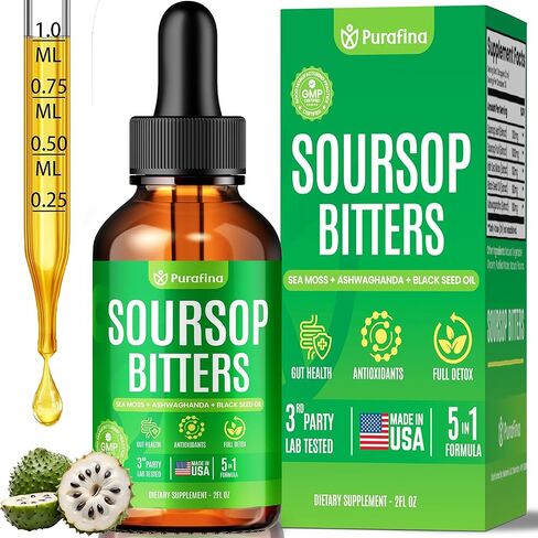 قطرات سائل Soursop Bitters 5 في 1 للتخلص من السموم والتنظيف باستخدام طحالب البحر الأيرلندية، وزيت الحبة السوداء، والأشواغاندا، ومستخلص أوراق الجرافيولا، ومكمل حساء حامض عضوي، والكبد العشبي النقي، والأمعاء، ومضادات الأكسدة (زجاجة واحدة) in Kuwait