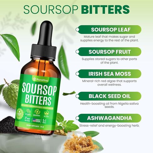 قطرات سائل Soursop Bitters 5 في 1 للتخلص من السموم والتنظيف باستخدام طحالب البحر الأيرلندية، وزيت الحبة السوداء، والأشواغاندا، ومستخلص أوراق الجرافيولا، ومكمل حساء حامض عضوي، والكبد العشبي النقي، والأمعاء، ومضادات الأكسدة (زجاجة واحدة) in Kuwait