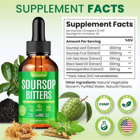قطرات سائل Soursop Bitters 5 في 1 للتخلص من السموم والتنظيف باستخدام طحالب البحر الأيرلندية، وزيت الحبة السوداء، والأشواغاندا، ومستخلص أوراق الجرافيولا، ومكمل حساء حامض عضوي، والكبد العشبي النقي، والأمعاء، ومضادات الأكسدة (زجاجة واحدة) in Kuwait