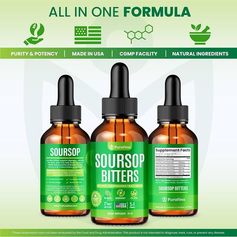 قطرات سائل Soursop Bitters 5 في 1 للتخلص من السموم والتنظيف باستخدام طحالب البحر الأيرلندية، وزيت الحبة السوداء، والأشواغاندا، ومستخلص أوراق الجرافيولا، ومكمل حساء حامض عضوي، والكبد العشبي النقي، والأمعاء، ومضادات الأكسدة (زجاجة واحدة) in Kuwait