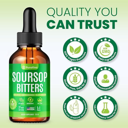 قطرات سائل Soursop Bitters 5 في 1 للتخلص من السموم والتنظيف باستخدام طحالب البحر الأيرلندية، وزيت الحبة السوداء، والأشواغاندا، ومستخلص أوراق الجرافيولا، ومكمل حساء حامض عضوي، والكبد العشبي النقي، والأمعاء، ومضادات الأكسدة (زجاجة واحدة) in Kuwait