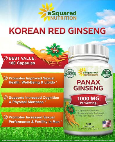 aSquared Nutrition Red Korean Panax Ginseng (1000mg Max Strength) 180 Capsules Root Extract Complex, Asian Powder Supplement, High Dosage Ginsenosides in Seeds, Tablet Pills for Women & Men-Sex Health in Saudi Arabia