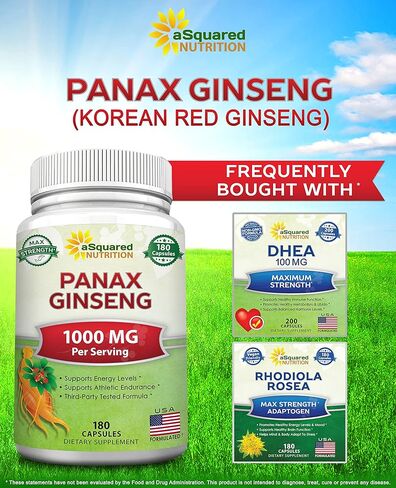 aSquared Nutrition Red Korean Panax Ginseng (1000mg Max Strength) 180 Capsules Root Extract Complex, Asian Powder Supplement, High Dosage Ginsenosides in Seeds, Tablet Pills for Women & Men-Sex Health in Saudi Arabia