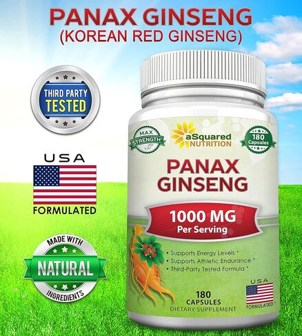 aSquared Nutrition Red Korean Panax Ginseng (1000mg Max Strength) 180 Capsules Root Extract Complex, Asian Powder Supplement, High Dosage Ginsenosides in Seeds, Tablet Pills for Women & Men-Sex Health in Saudi Arabia