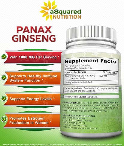 aSquared Nutrition Red Korean Panax Ginseng (1000mg Max Strength) 180 Capsules Root Extract Complex, Asian Powder Supplement, High Dosage Ginsenosides in Seeds, Tablet Pills for Women & Men-Sex Health in Saudi Arabia