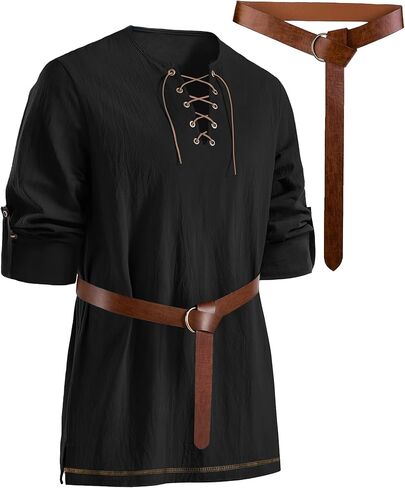 Mens Pirate Shirt Cotton Linen Long Sleeve Lace Up Renaissance Shirt Medieval Costume Men with Belt for Halloween in Saudi Arabia