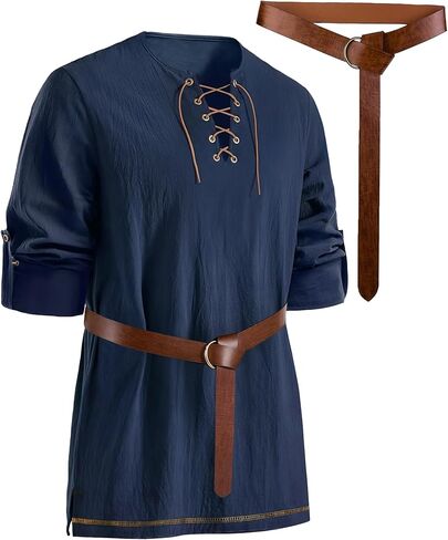 Mens Pirate Shirt Cotton Linen Long Sleeve Lace Up Renaissance Shirt Medieval Costume Men with Belt for Halloween in Saudi Arabia