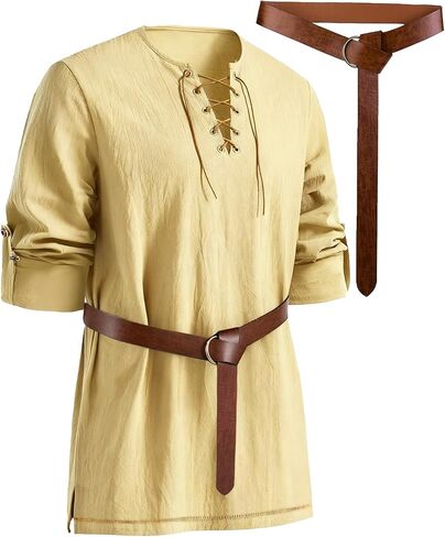 Mens Pirate Shirt Cotton Linen Long Sleeve Lace Up Renaissance Shirt Medieval Costume Men with Belt for Halloween in Saudi Arabia