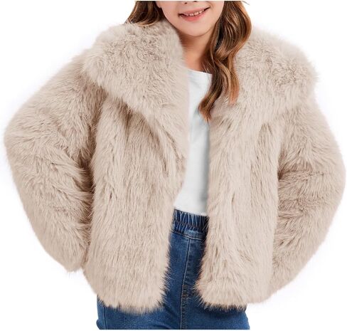 معطف فرو صناعي للفتيات من COZYPOIN جاكيت أطفال منفوش من الفرو مقصوص وأكمام طويلة وطية صدر مفتوحة من الأمام وجيوب ملابس خارجية شتوية غامضة من 5 إلى 14 سنة in Saudi Arabia