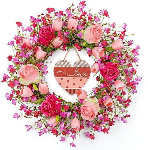 Valentines Day Wreaths for Front Door 22 Inch Valentines Wreath Artificial Valentine's Day Wreath with Red Pink Roses Tulips and Heart-Shaped Wooden Plaque for Valentine's Wedding Anniversary in Saudi Arabia