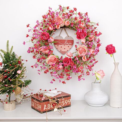 Valentines Day Wreaths for Front Door 22 Inch Valentines Wreath Artificial Valentine's Day Wreath with Red Pink Roses Tulips and Heart-Shaped Wooden Plaque for Valentine's Wedding Anniversary in Saudi Arabia