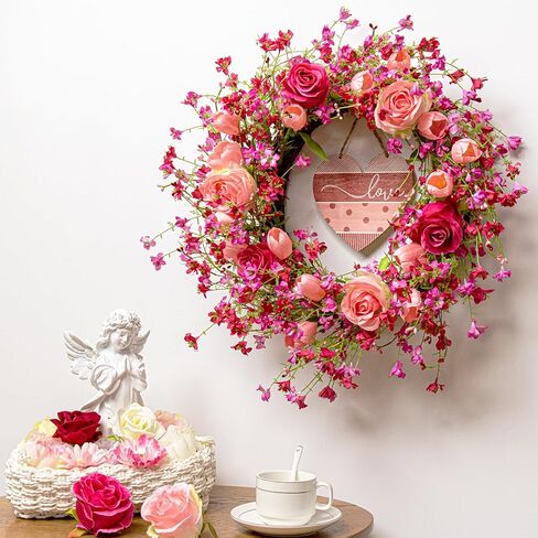 Valentines Day Wreaths for Front Door 22 Inch Valentines Wreath Artificial Valentine's Day Wreath with Red Pink Roses Tulips and Heart-Shaped Wooden Plaque for Valentine's Wedding Anniversary in Saudi Arabia