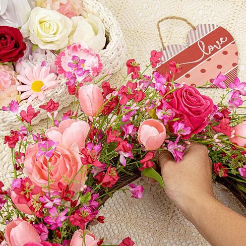 Valentines Day Wreaths for Front Door 22 Inch Valentines Wreath Artificial Valentine's Day Wreath with Red Pink Roses Tulips and Heart-Shaped Wooden Plaque for Valentine's Wedding Anniversary in Saudi Arabia