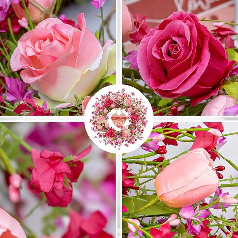 Valentines Day Wreaths for Front Door 22 Inch Valentines Wreath Artificial Valentine's Day Wreath with Red Pink Roses Tulips and Heart-Shaped Wooden Plaque for Valentine's Wedding Anniversary in Saudi Arabia