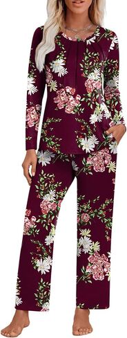 Anyhold Women's Fall 2 Piece Pajama Sets, Long Sleeve Lounge Sleepwear Ladies Pjs Sets with Pockets in Kuwait