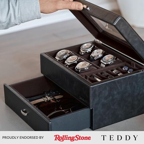 TAWBURY Bayswater 6 Watch Jewelry Box (Black/Charcoal) with a Set of 6 Small Pillows to Fit 6.6-7.1" Wrists in Saudi Arabia