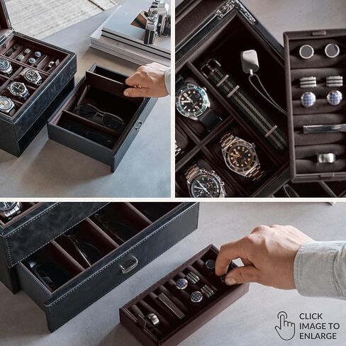 TAWBURY Bayswater 6 Watch Jewelry Box (Black/Charcoal) with a Set of 6 Small Pillows to Fit 6.6-7.1" Wrists in Saudi Arabia