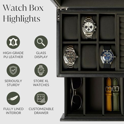 TAWBURY Bayswater 6 Watch Jewelry Box (Black/Charcoal) with a Set of 6 Small Pillows to Fit 6.6-7.1" Wrists in Saudi Arabia