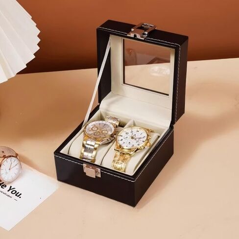 Watch Box, 2 Slot Watch Case with Large Glass Lid, Removable Watch Pillows, Watch Box Organizer, Gift for Loved Ones Black in Saudi Arabia