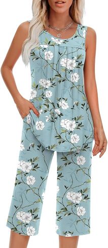 مجموعات بيجامات Findsweet للنساء بدون أكمام ناعمة من Pjs بدون أكمام وسروال كابري مع جيب للسيدات in Kuwait