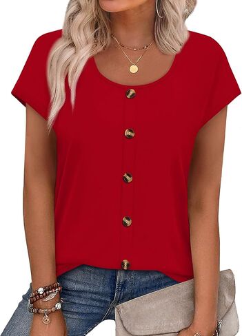 WIHOLL Womens Summer Tops Cap Short Sleeve Shirts Button Down Blouses U Neck T Shirts Fashion Clothing in Saudi Arabia