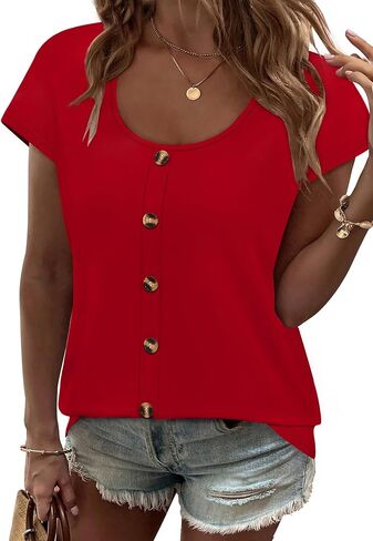 WIHOLL Womens Summer Tops Cap Short Sleeve Shirts Button Down Blouses U Neck T Shirts Fashion Clothing in Saudi Arabia