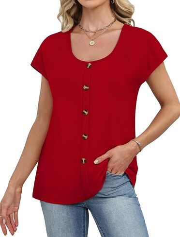 WIHOLL Womens Summer Tops Cap Short Sleeve Shirts Button Down Blouses U Neck T Shirts Fashion Clothing in Saudi Arabia
