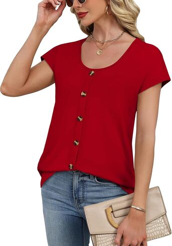 WIHOLL Womens Summer Tops Cap Short Sleeve Shirts Button Down Blouses U Neck T Shirts Fashion Clothing in Saudi Arabia